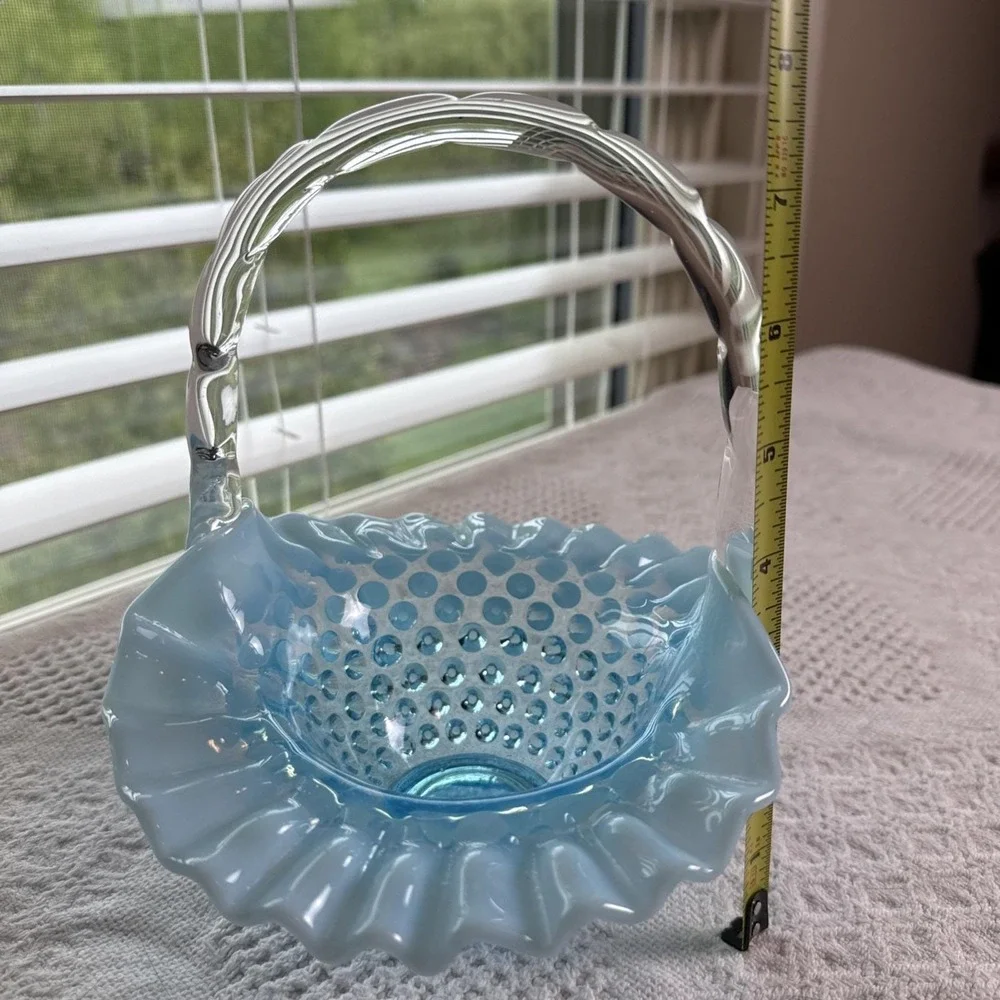 Fenton Blue Opalescent Hobnail‎ Small Basket Ruffled Glass with Handle Vintage